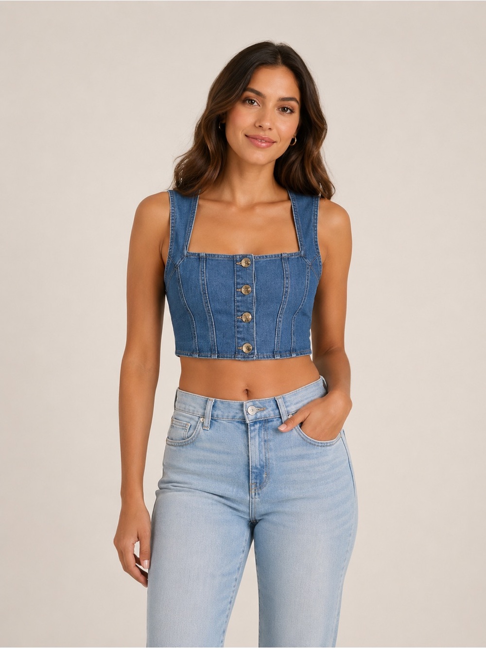 HOUSE OF HARLOW Square Neck Denim Corset Top